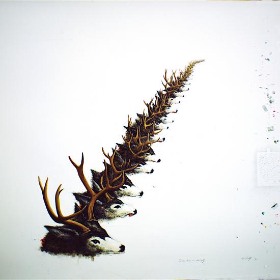 Deer Head into Infinity, oil on paper 44x48